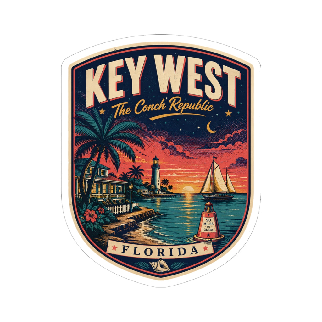 Key West luggage tag sticker showing lighthouse, palms, and sailboat over sunset, 'KEY WEST' text