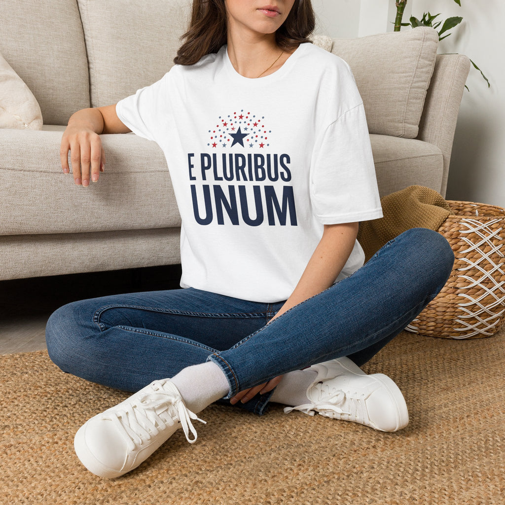 White graphic T-shirt on model, crew neck; 'E Pluribus Unum' text and star