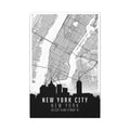 Framed New York City skyline canvas map with street grid, black skyline silhouette, and 'NEW YORK'