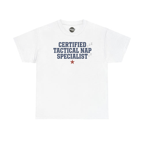 White crewneck tee with 'Certified Tactical Nap Specialist' print