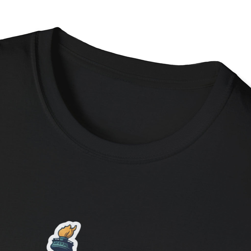 Black T-shirt with round crew neck and small skyline graphic at chest