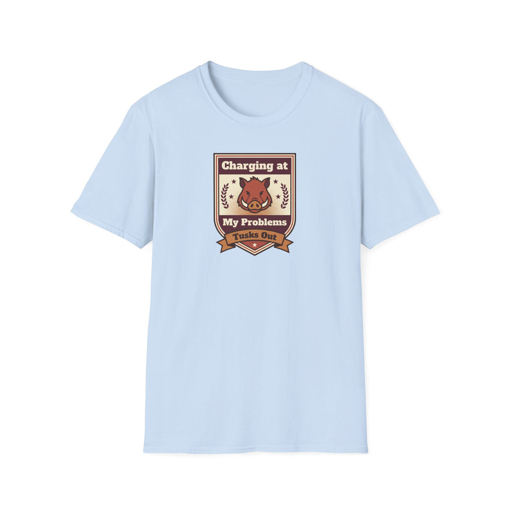 Funny Boar T-Shirt | Charging at My Problems Tusks Out Crest Graphic Tee | Wild Boar Lover Gift