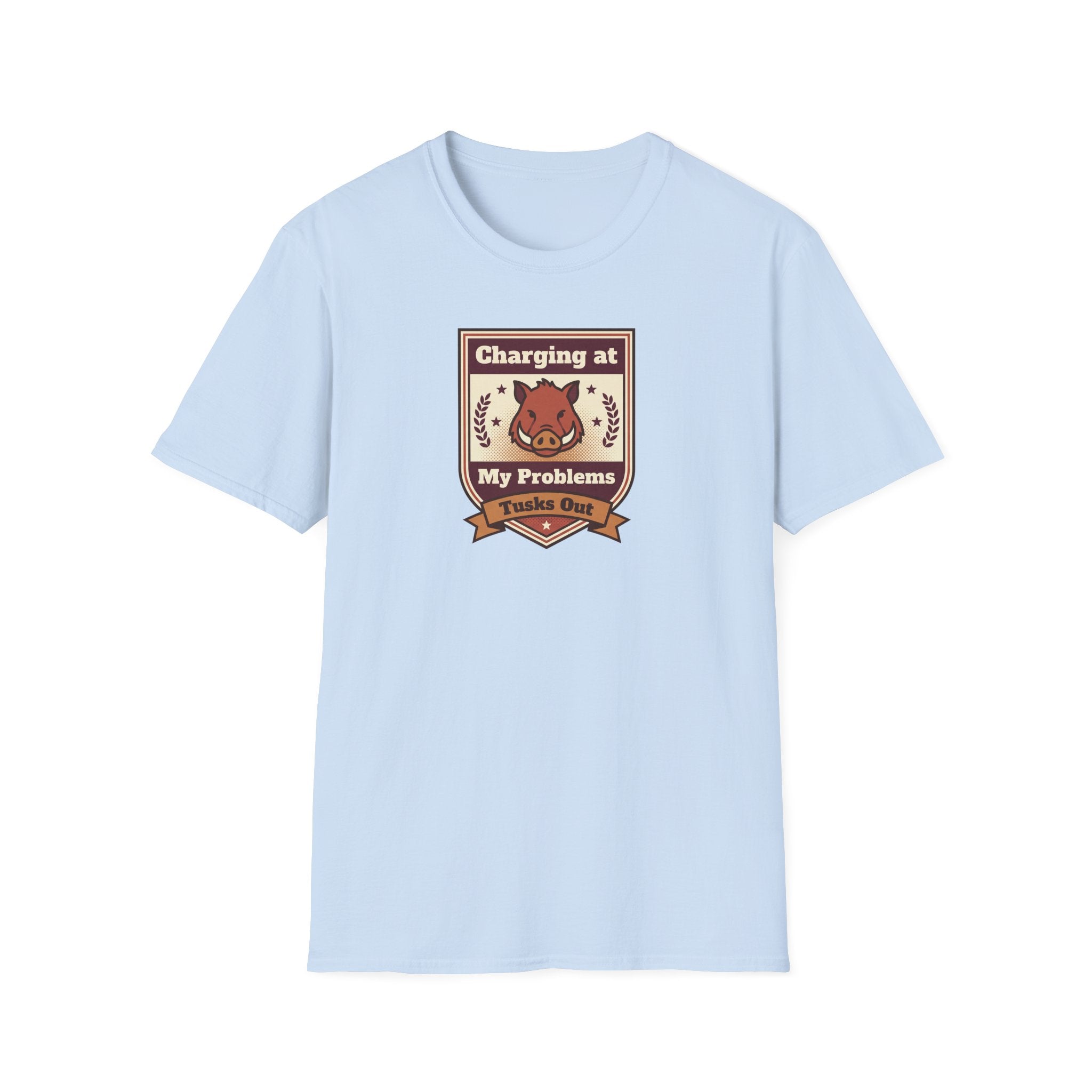 Funny Boar T-Shirt | Charging at My Problems Tusks Out Crest Graphic Tee | Wild Boar Lover Gift