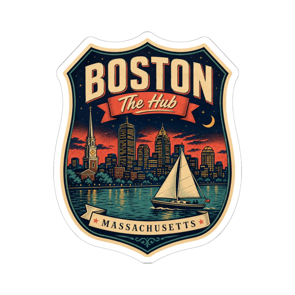 Shield-shaped Boston luggage tag sticker reading “The Hub” and “Massachusetts”