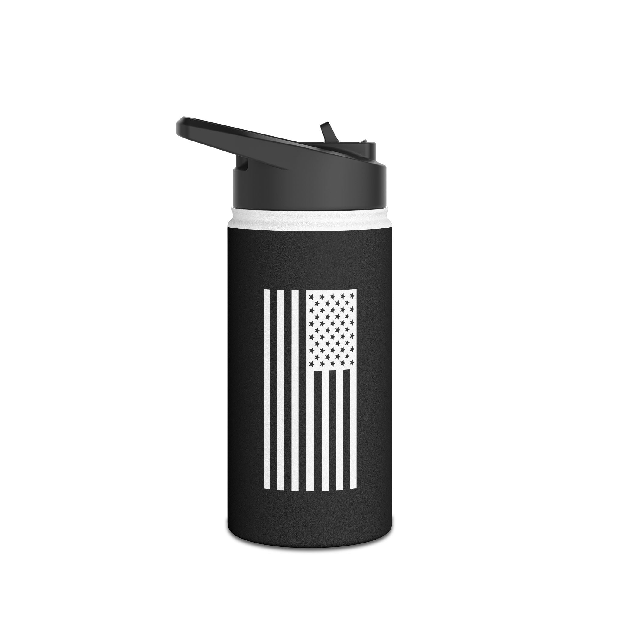 Stainless steel tumbler, black with white star-and-stripe panel and silver rim