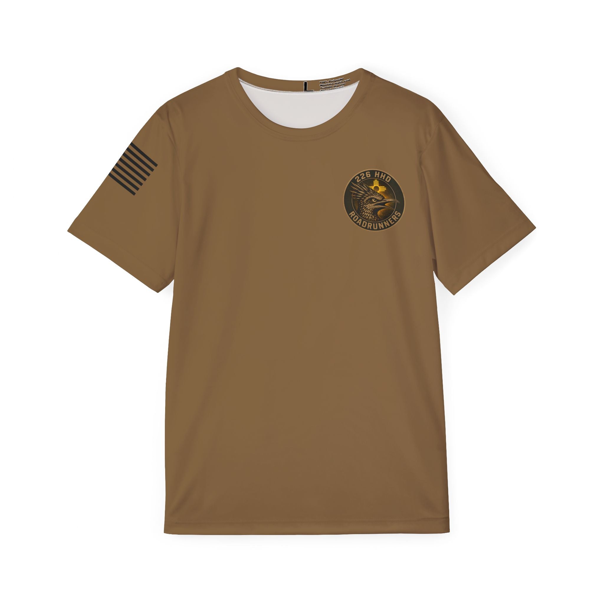 Men's brown crew-neck sports tee with small chest patch