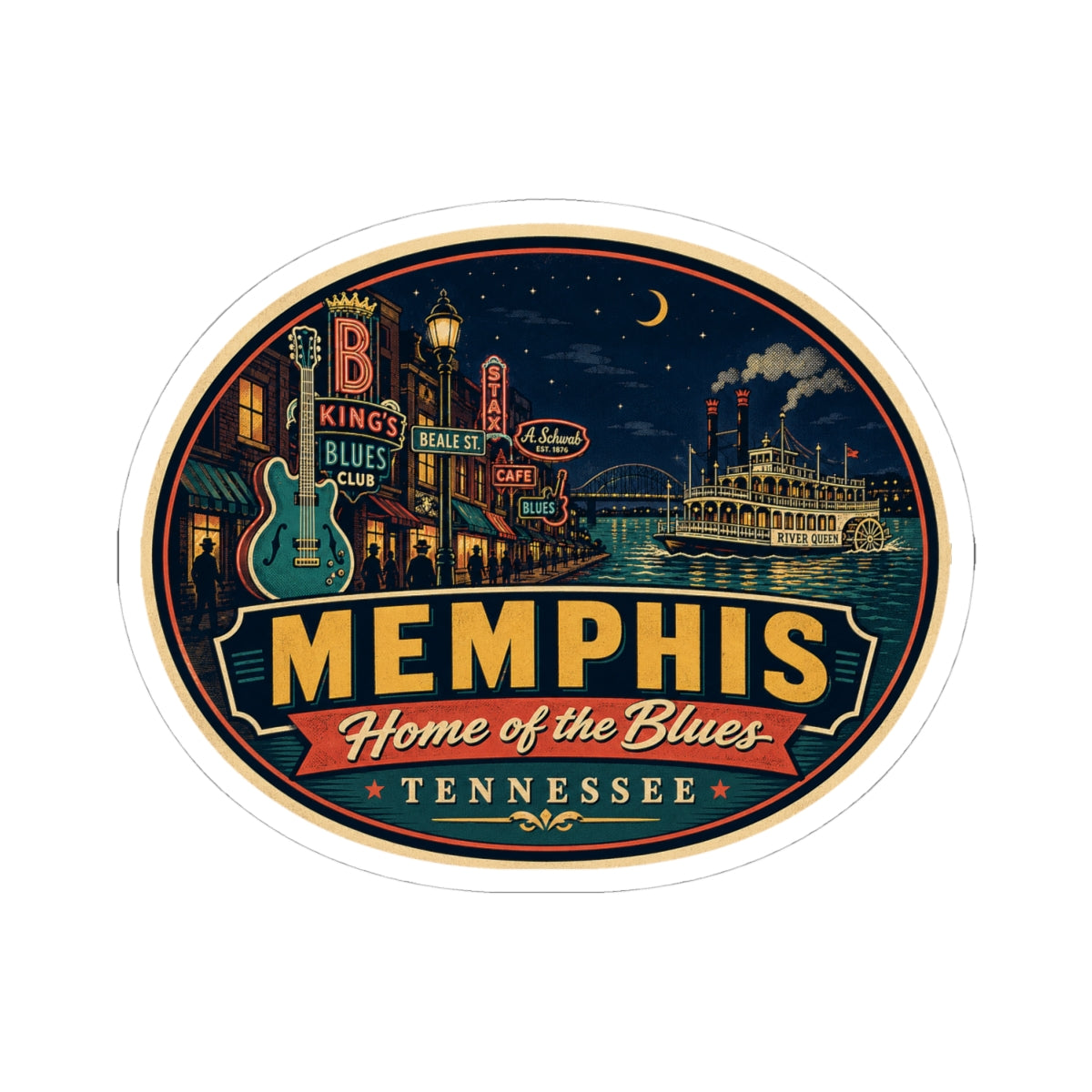 Round Memphis “Home of the Blues” Tennessee sticker featuring guitars, skyline, and moon
