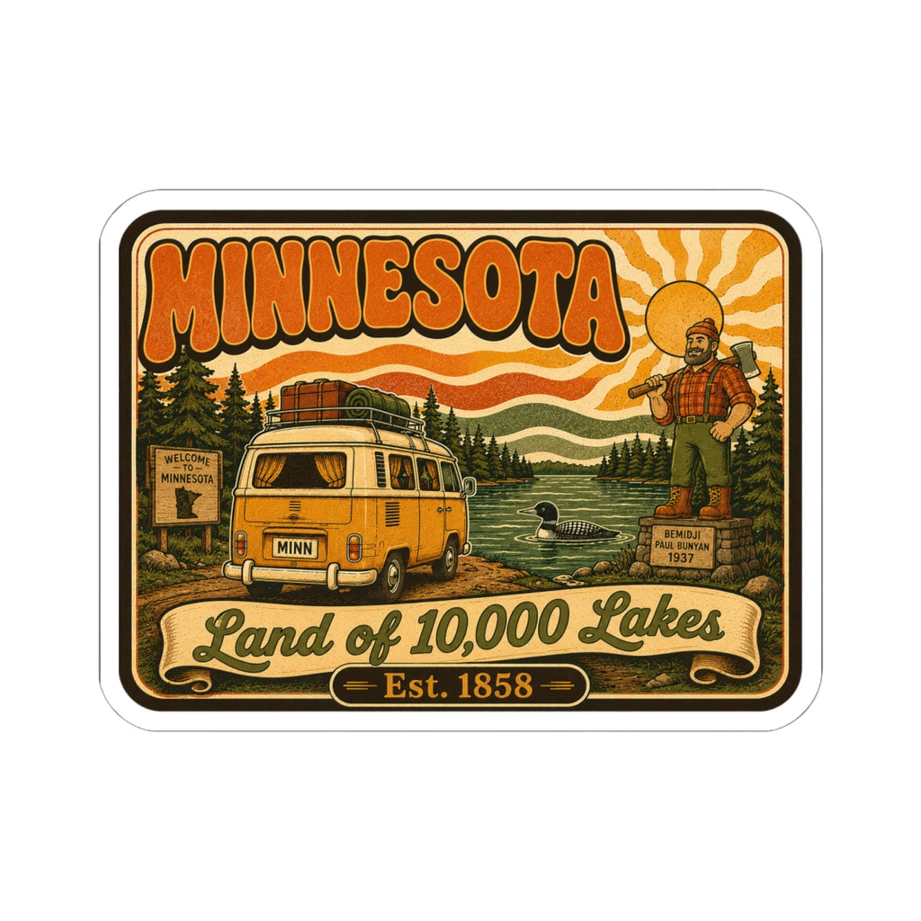 Minnesota Land of 10,000 Lakes retro camper van kiss-cut sticker with Est. 1858 banner