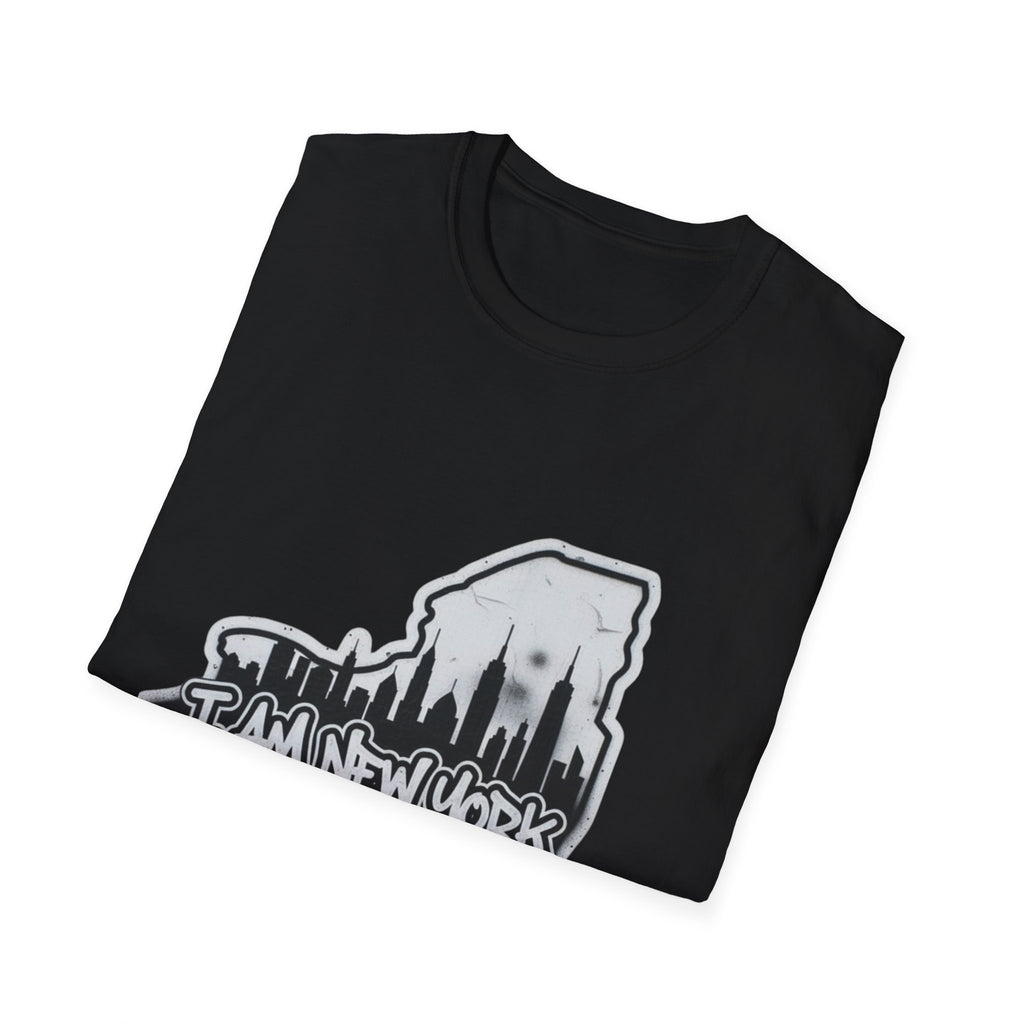 Black I AM NEW YORK graffiti T-shirt angled with skyline and text print