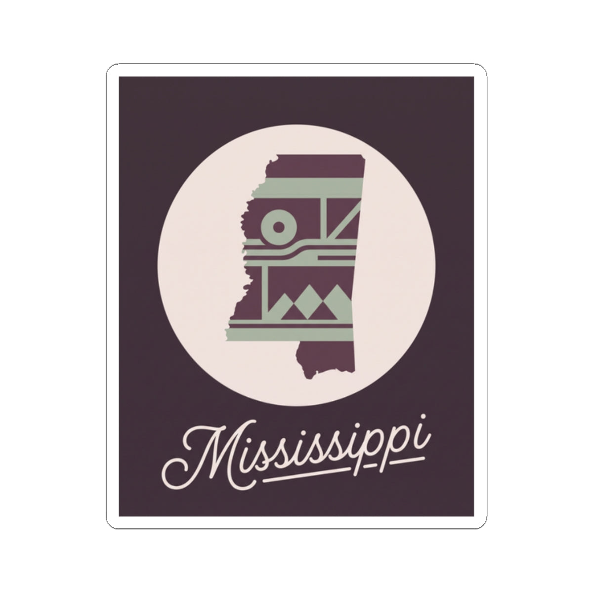 Mississippi state silhouette kiss-cut decal with circular icon and “Mississippi” cursive script