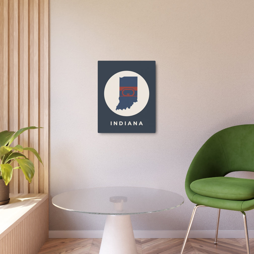 Indiana metal wall sign on wall, dark blue square with white oval and hoop-style state map emblem