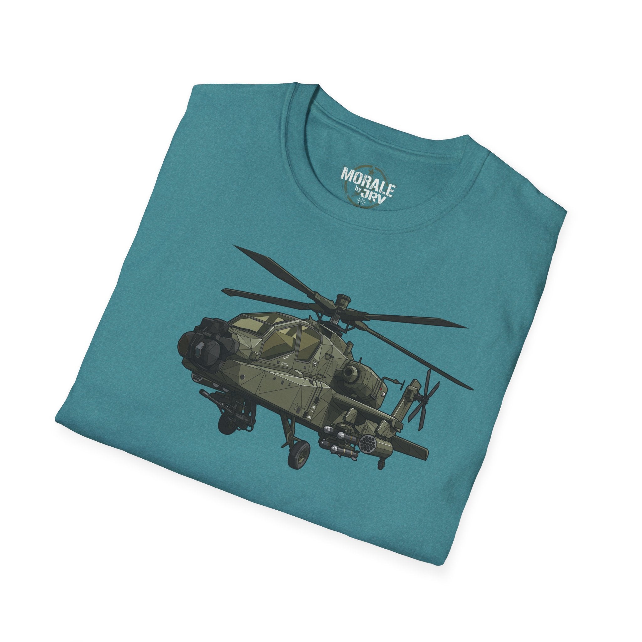 AH-64 Apache T-Shirt folded in teal heather with full helicopter graphic on front.