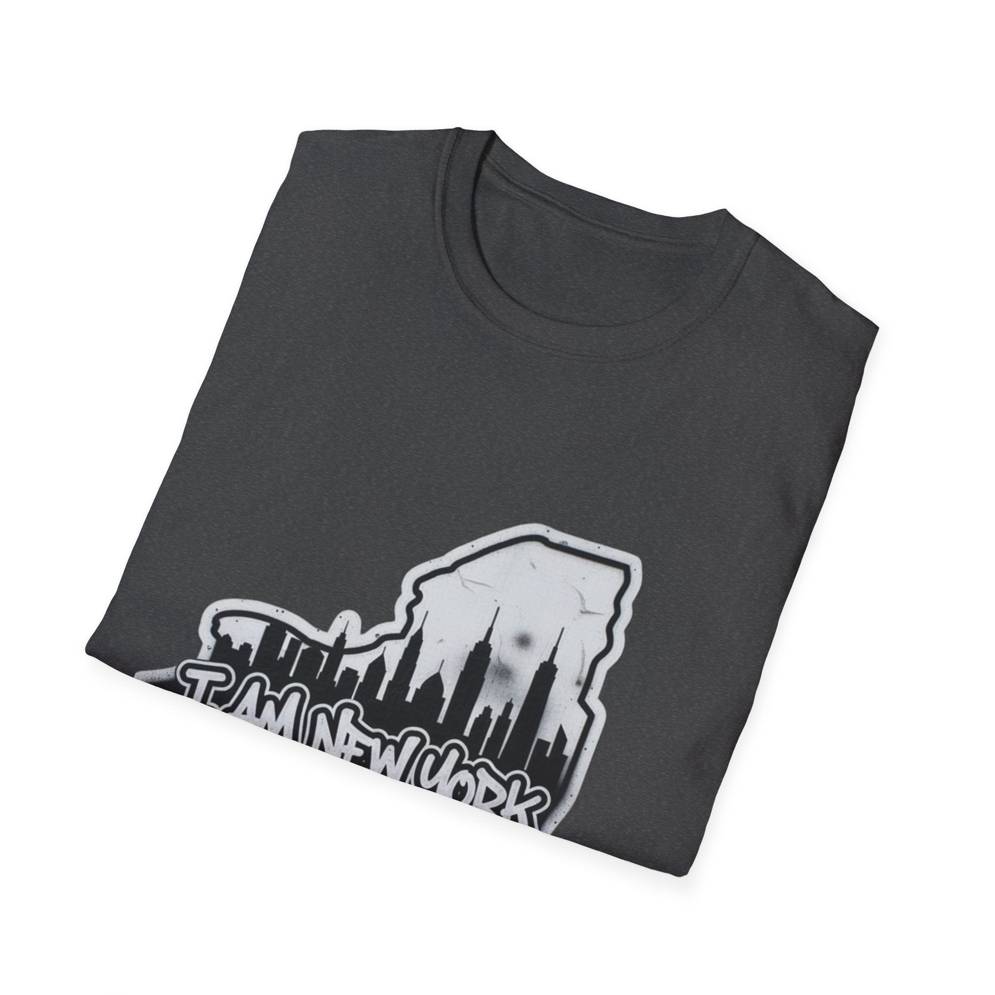 Black T-shirt with graffiti-style city graphic on chest