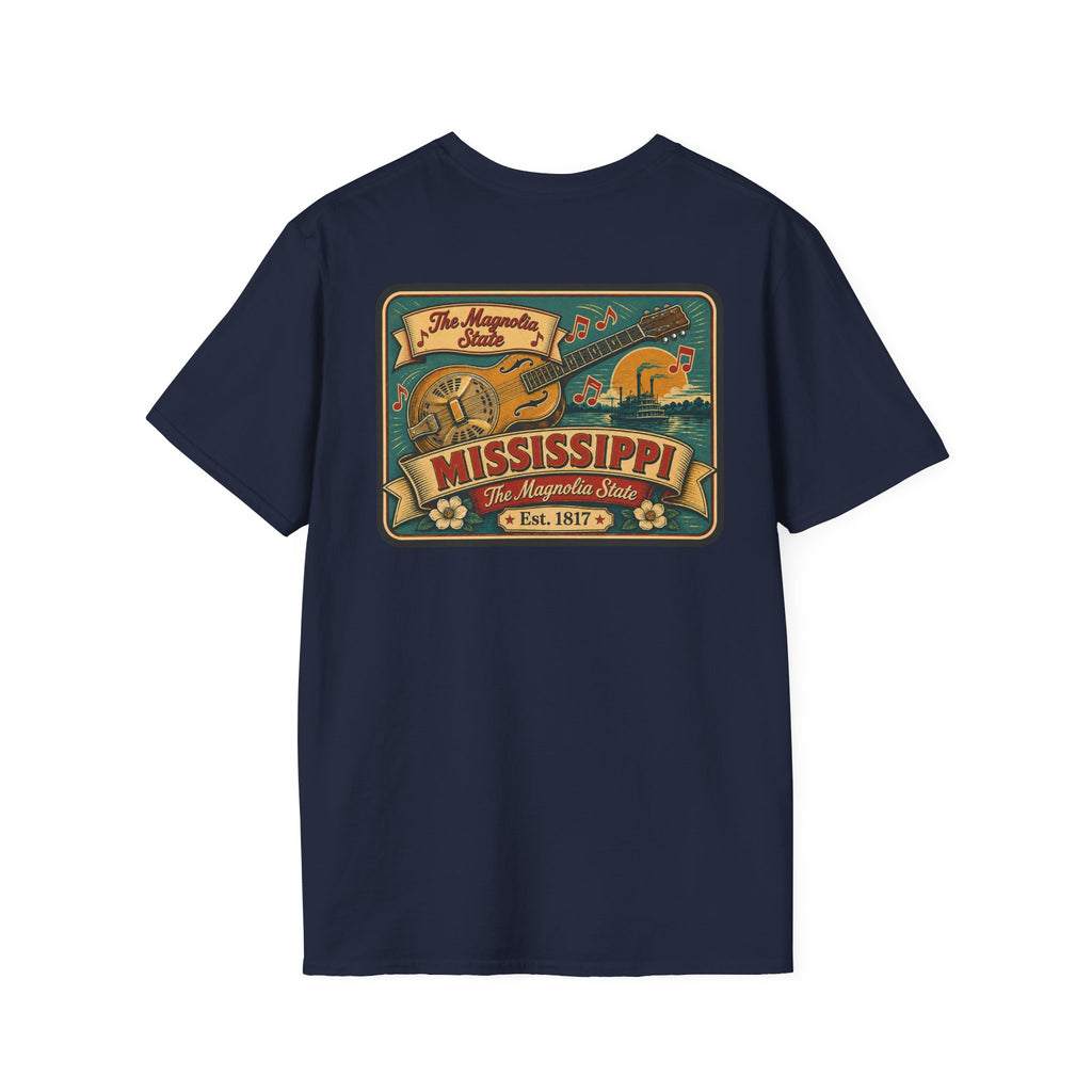 Navy Mississippi Riverboat T-shirt with colorful Mississippi front graphic