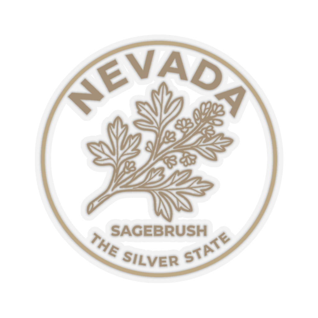 Circular Nevada transparent vinyl decal featuring sagebrush and 'The Silver State' lettering