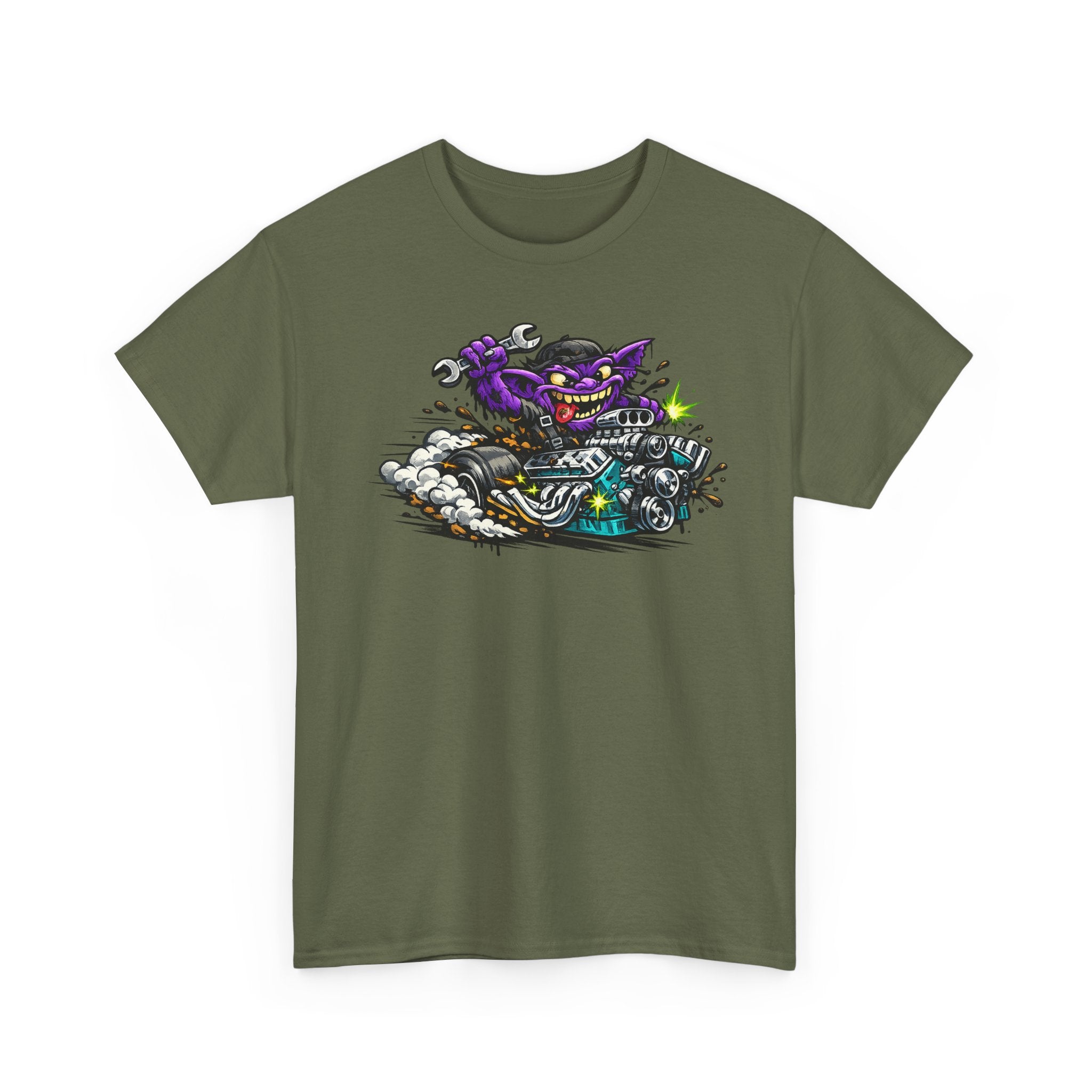 Purple Grinning Cat Biker Tee | Retro Cartoon Motorcycle Graphic T-Shirt, Unisex Streetwear Gift