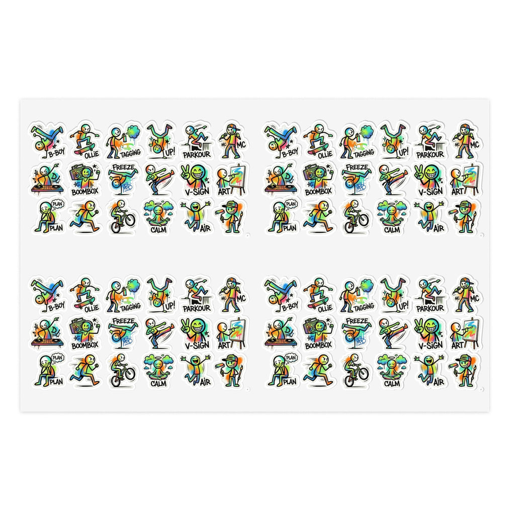 Stickerbogen mit grünen Charakteren und kleinen Action-Icons, die-cut