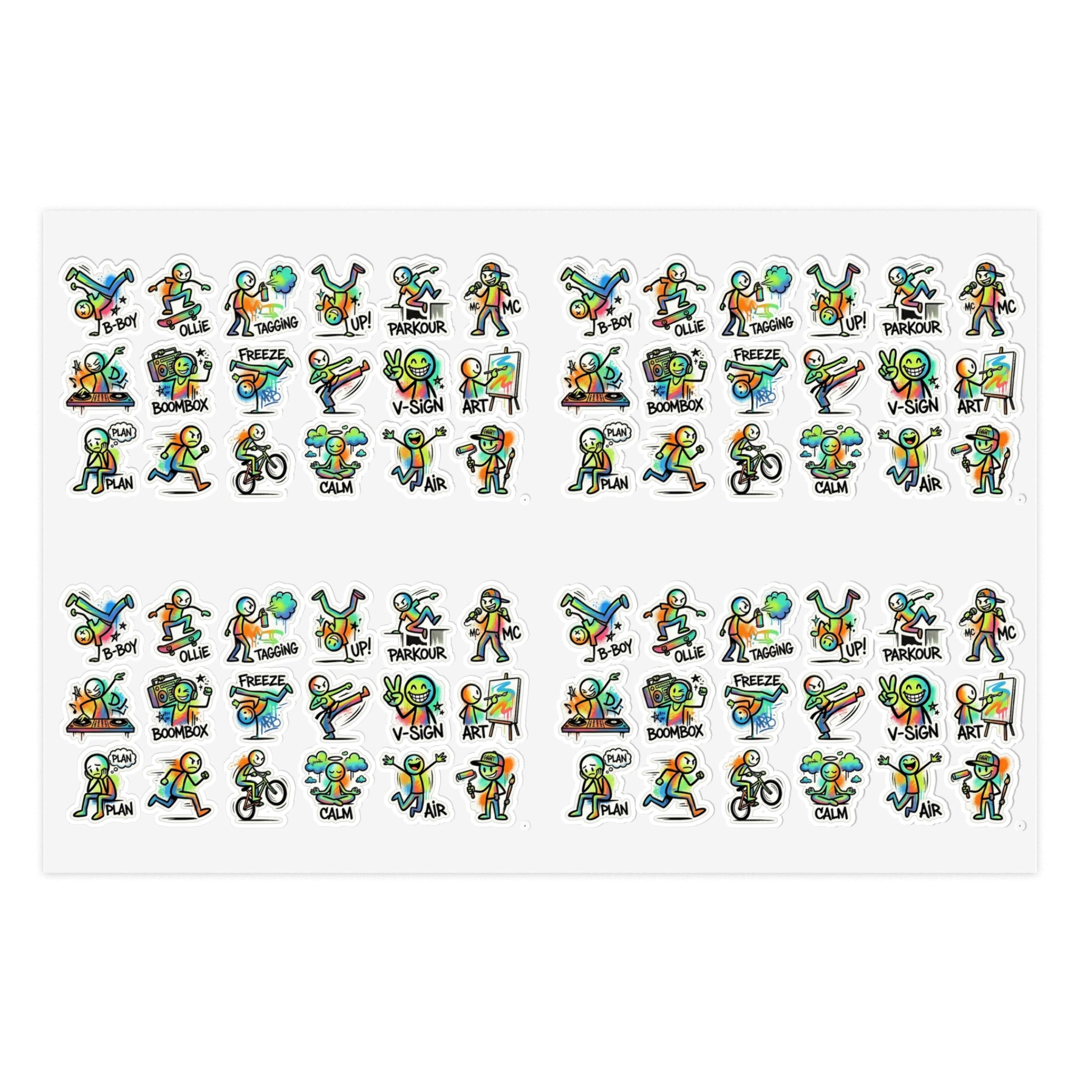 Stickerbogen mit grünen Charakteren und kleinen Action-Icons, die-cut
