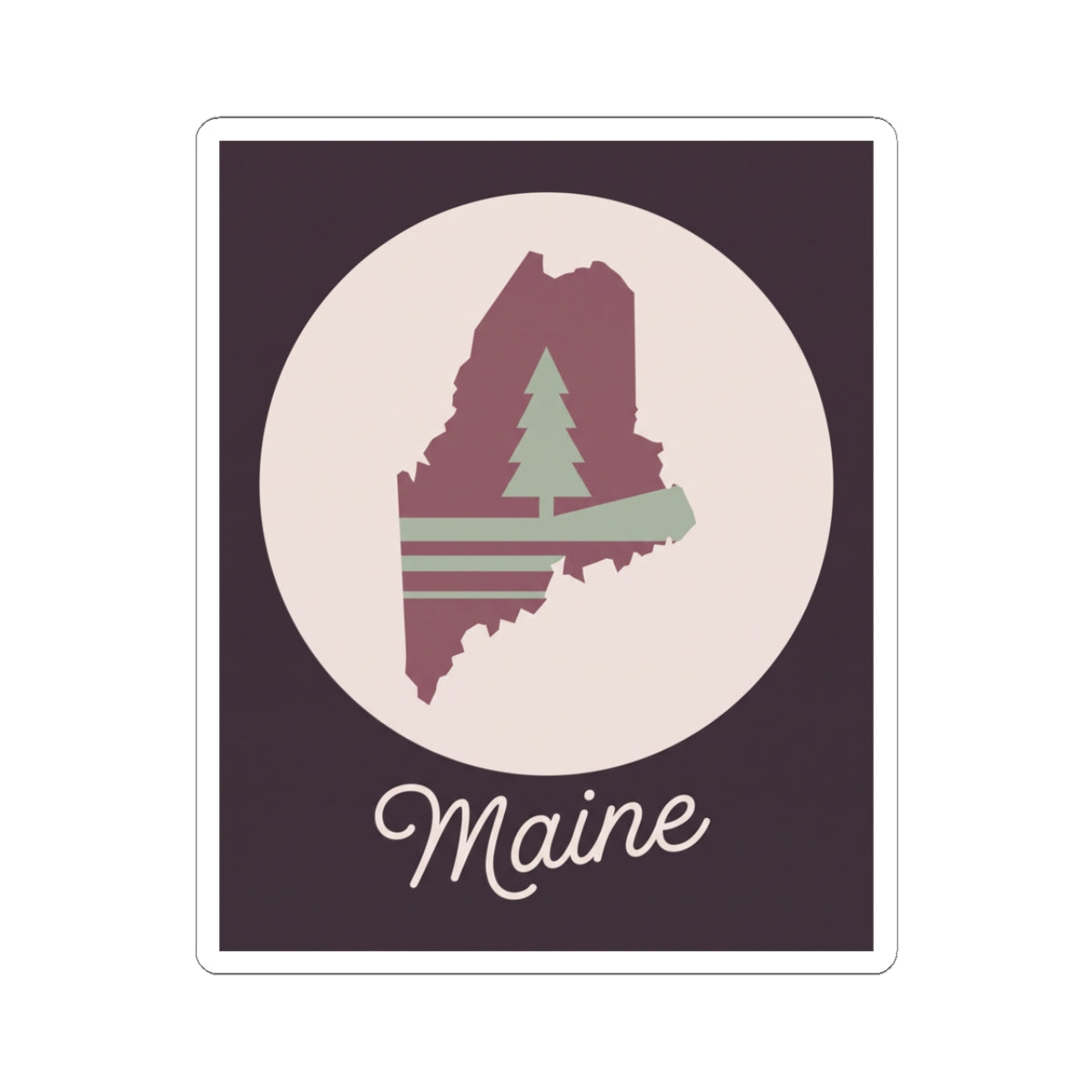 Square vinyl Maine silhouette sticker in mauve with pine tree and 'Maine' script.