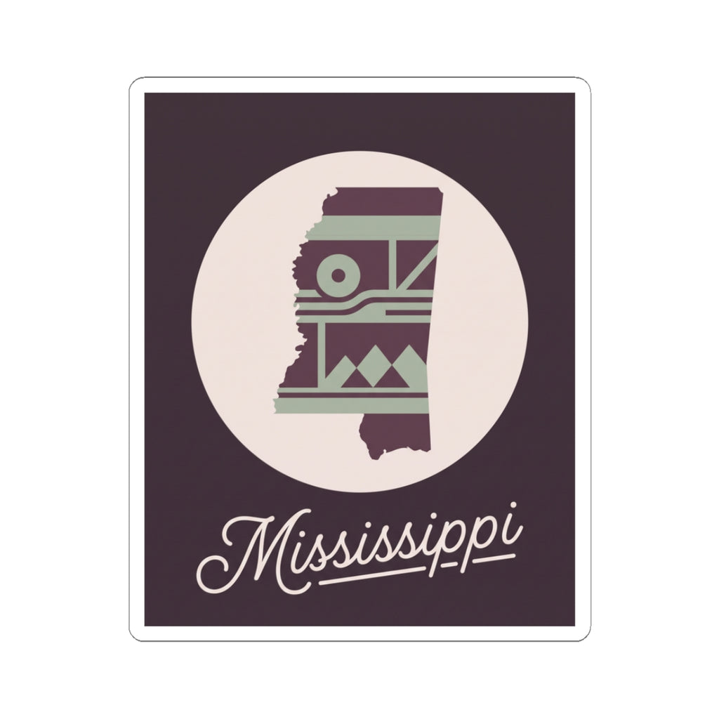 Mississippi state silhouette kiss-cut decal with circular logo and script text, purple and green