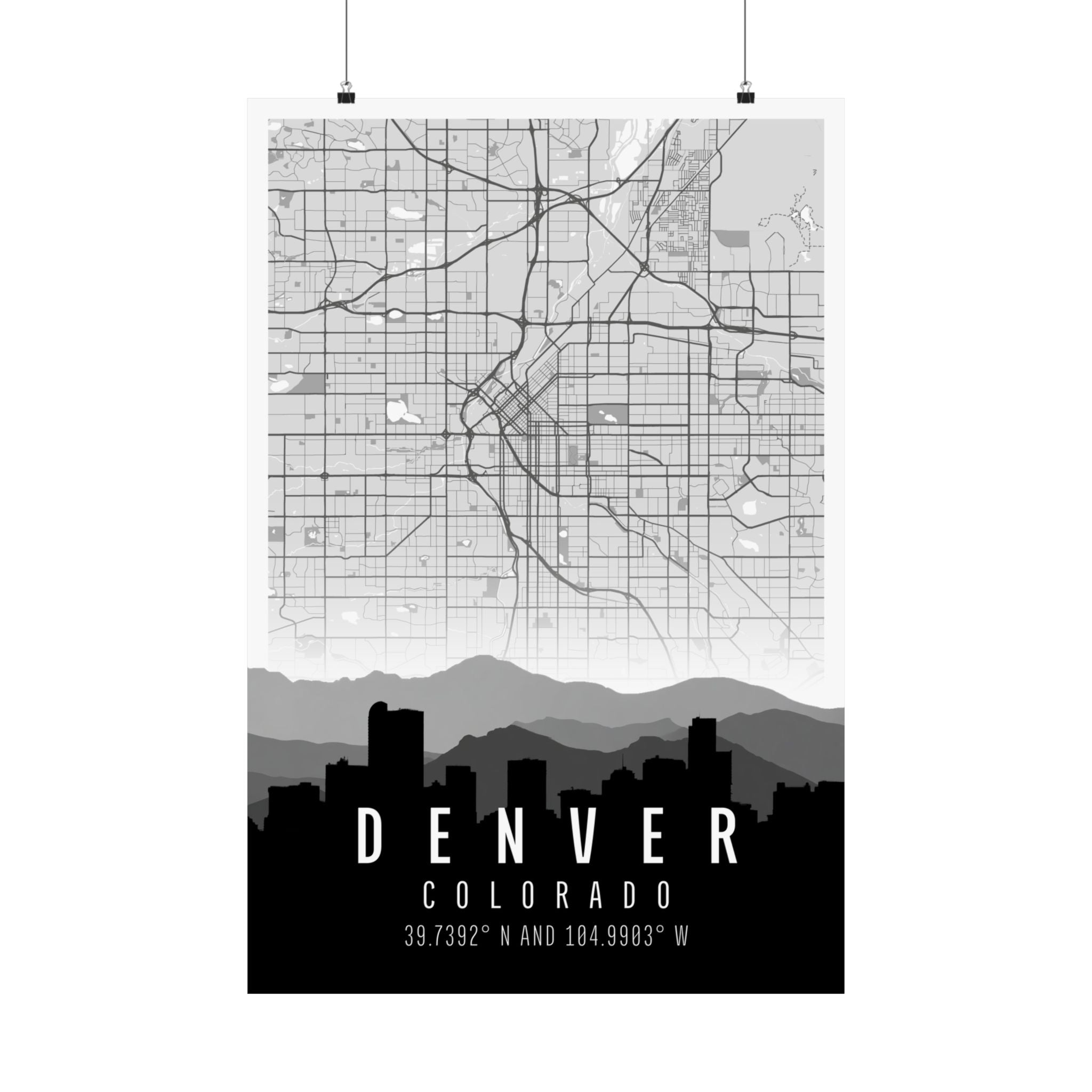Vertical Denver map poster with skyline silhouette, “DENVER” title, and “COLORADO” text
