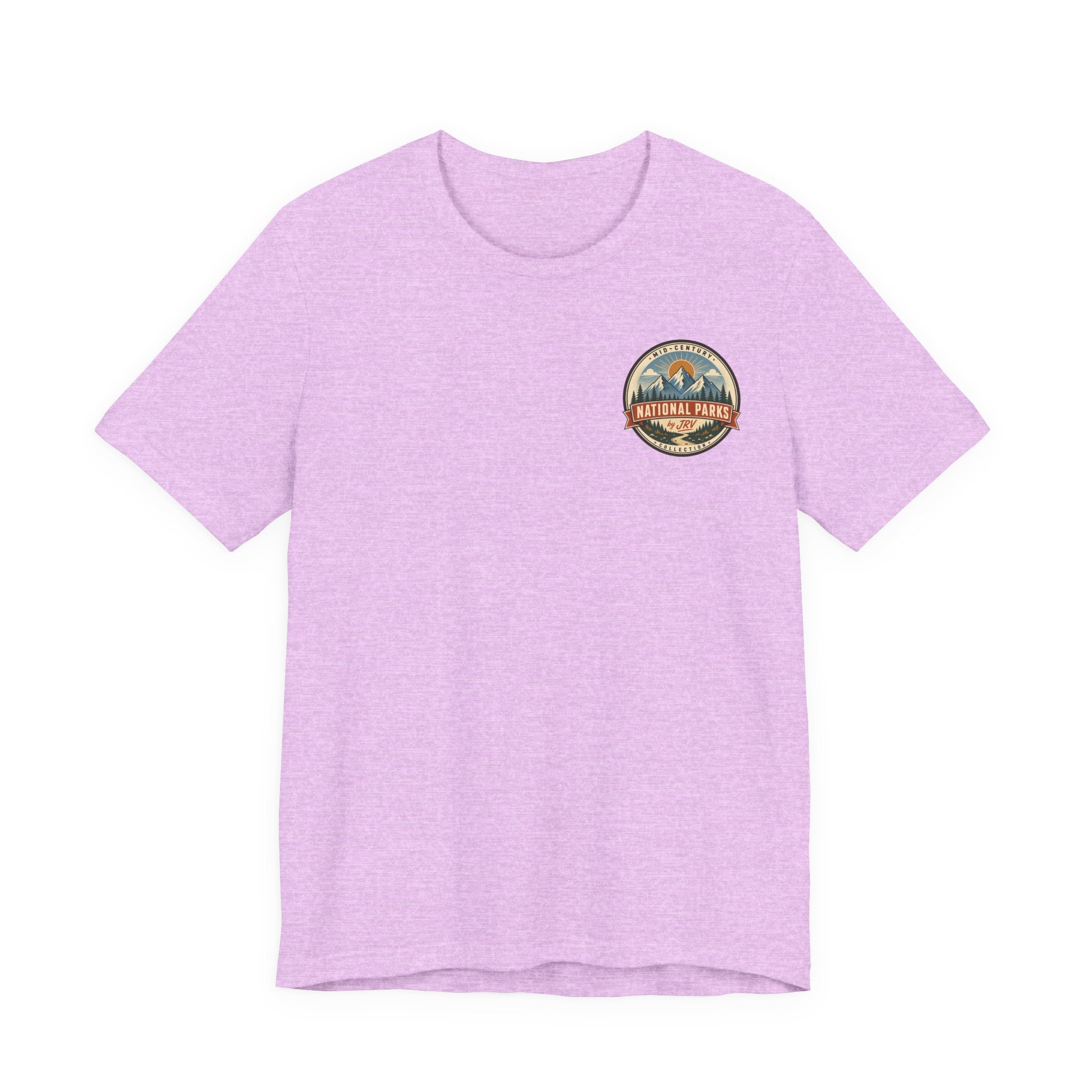 Lavender crewneck T-shirt with small round Zion National Park logo graphic
