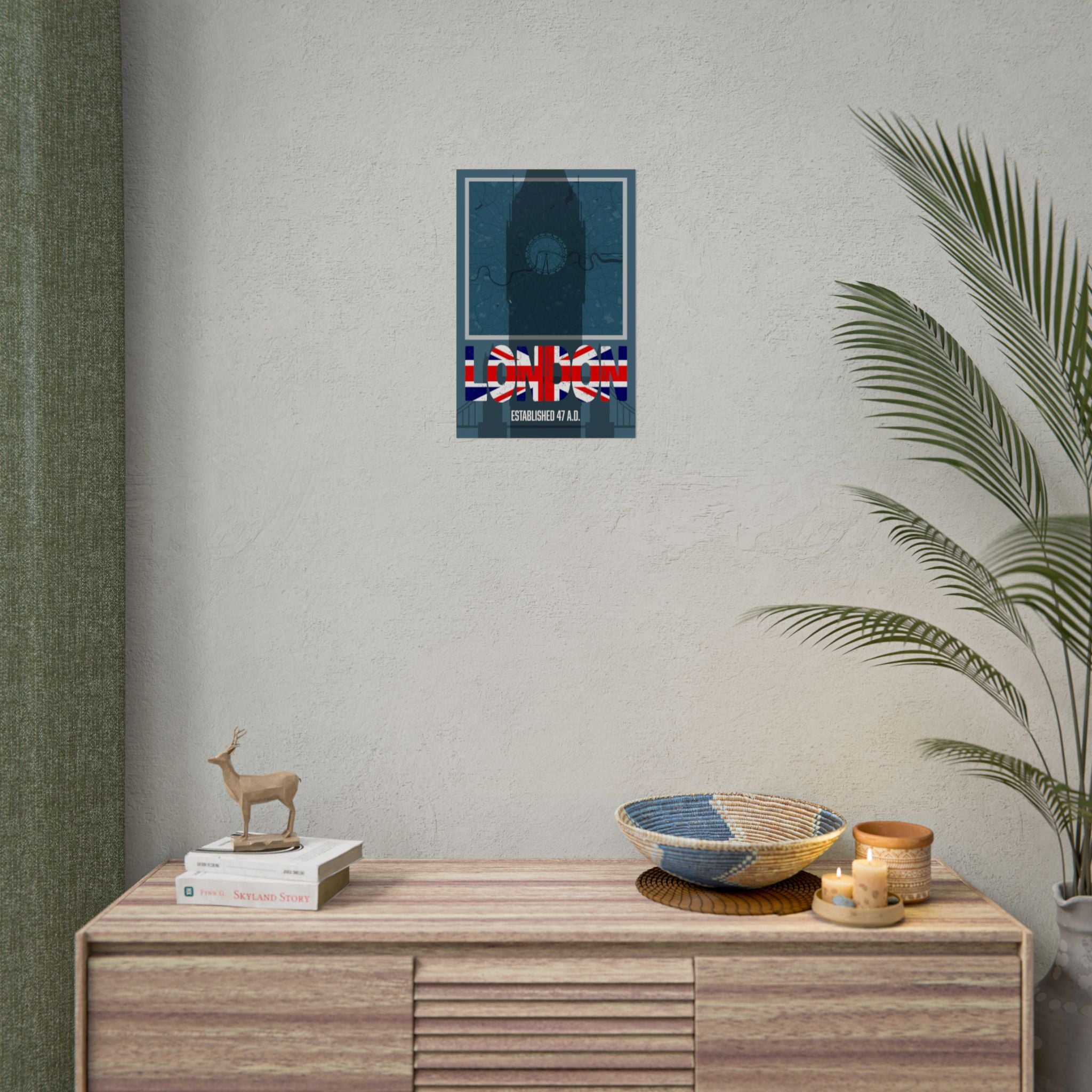 London Shadow Art Poster an der Wand: Union-Jack LONDON Schrift und „ESTABLISHED 47 A.D.“