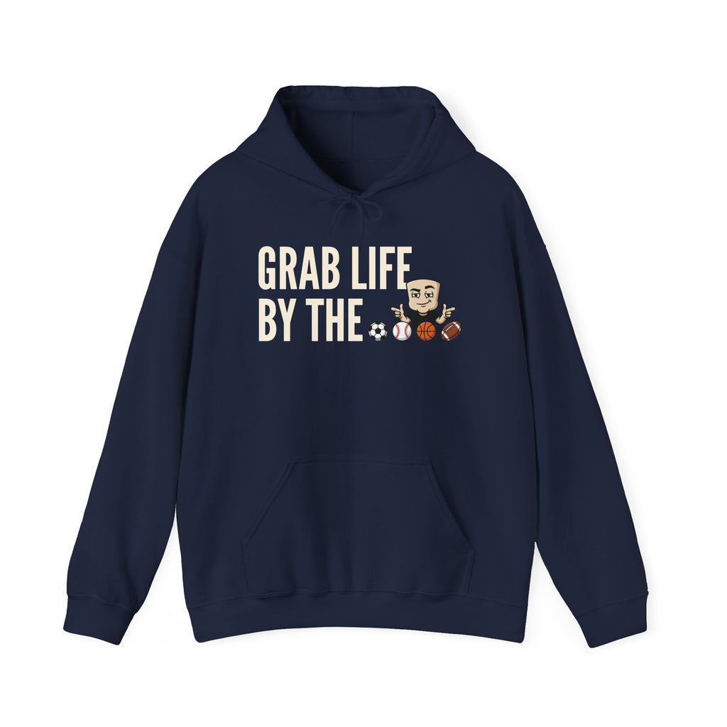 Grab Life By The Balls Hoodie | Funny Sports Ball Graphic Adult Humor Sweatshirt Gift