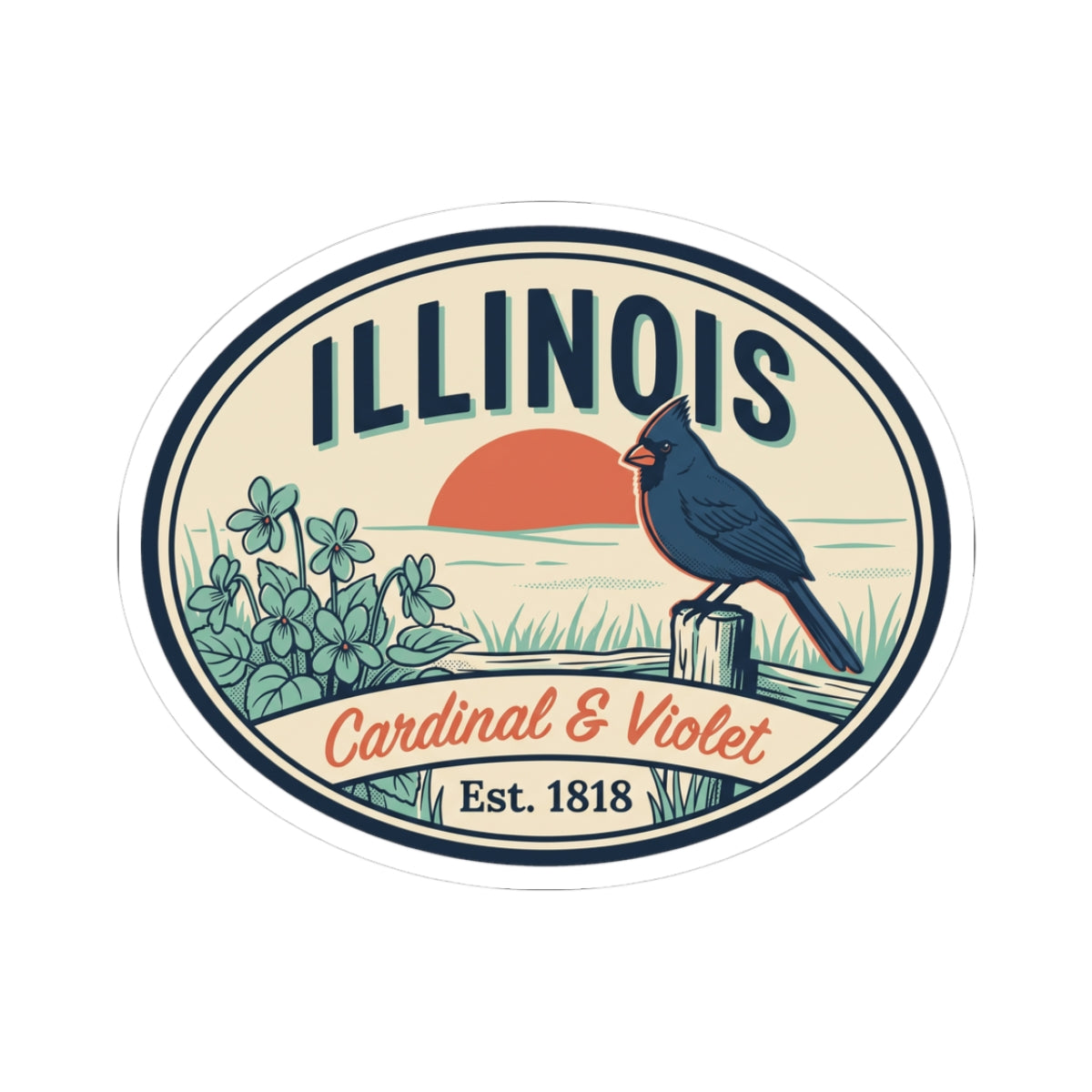 Oval Illinois sticker with cardinal and floral violet design, white border vinyl decal