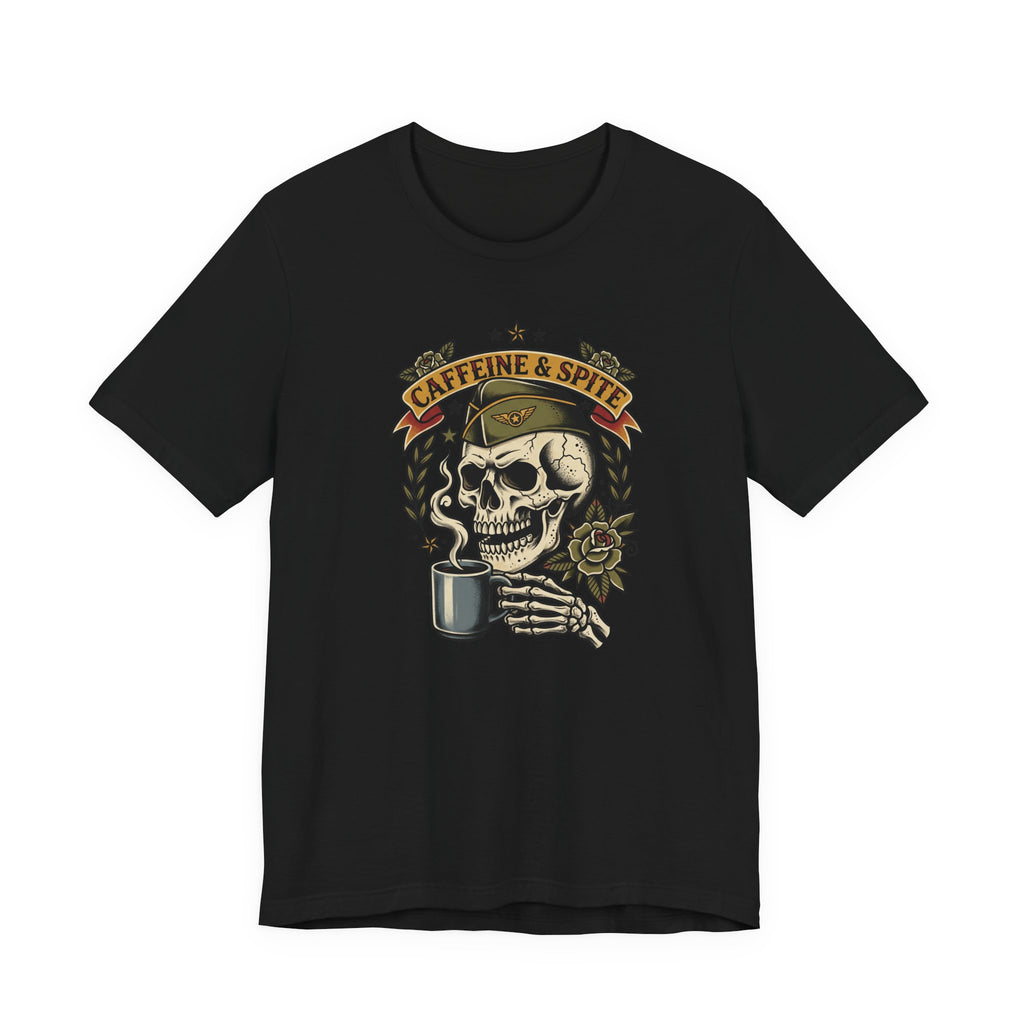 Black T-shirt with skull holding coffee mug graphic in green and gold