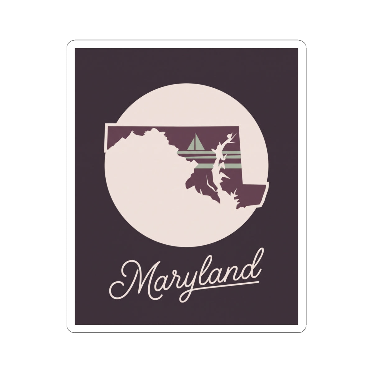 Square Maryland state silhouette vinyl decal with circular emblem and “Maryland” cursive text