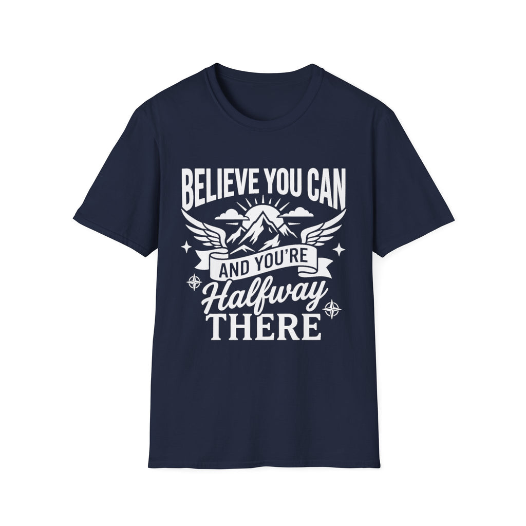 Navy t-shirt with “Believe You Can” mountain hiking quote graphic on front