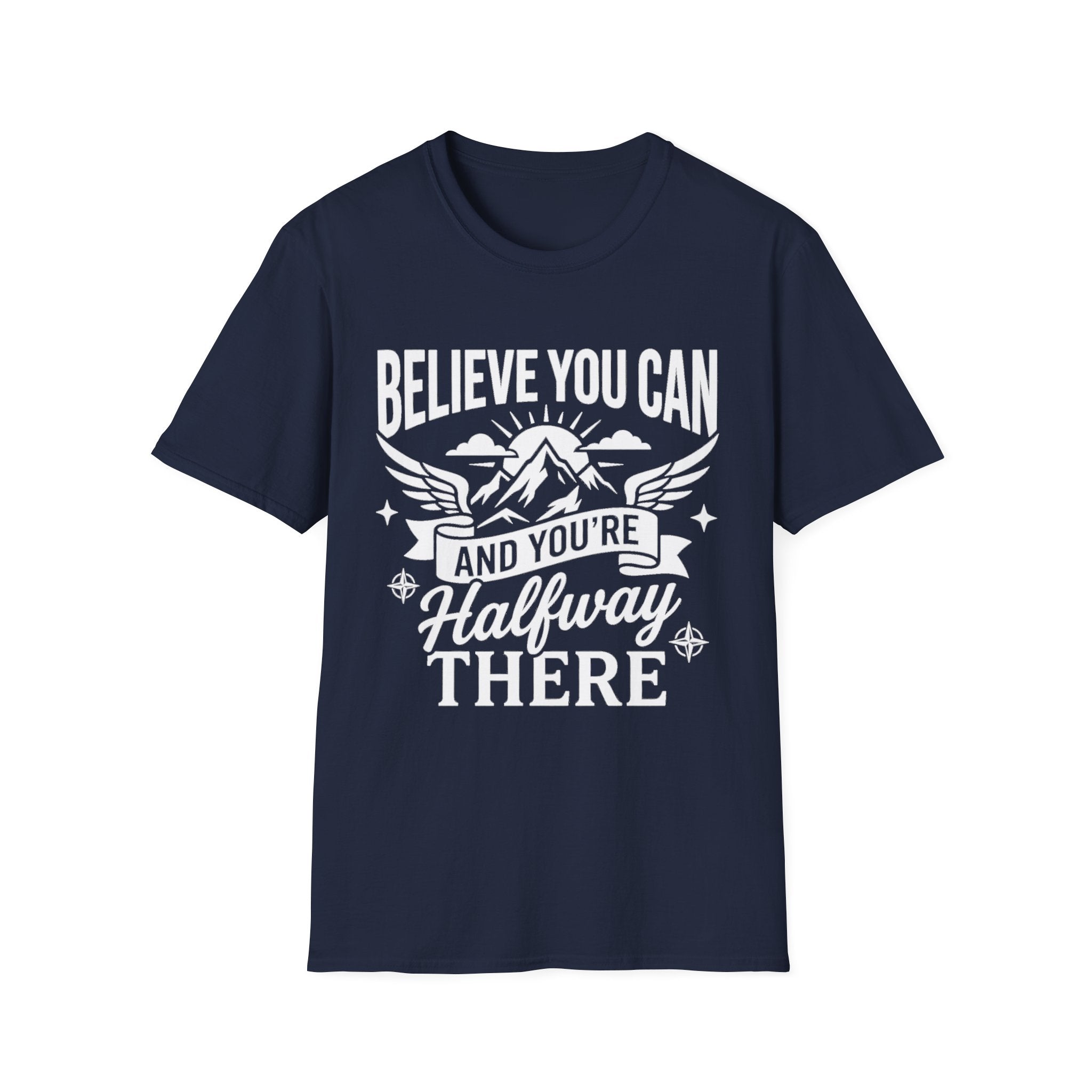 Navy T-shirt with “Believe You Can” mountain-and-wings typography print