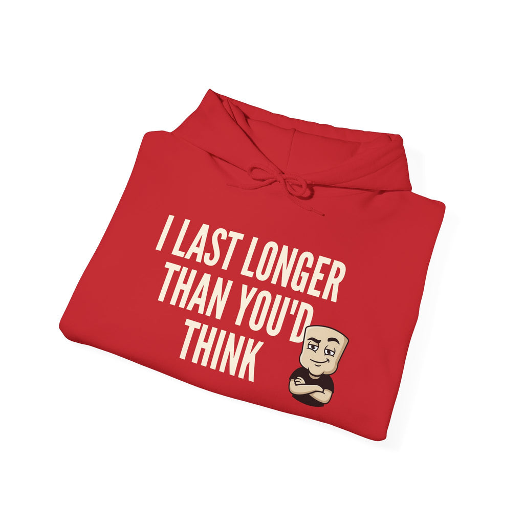 I Last Longer Than You'd Think Hoodie | Funny Adult Humor Beard Guy Graphic Sweatshirt Gift