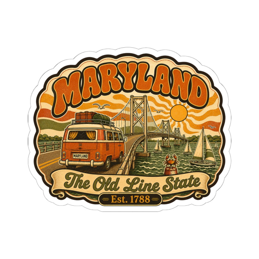 Maryland retro van bridge sticker showing The Old Line State Est. 1788 oval design