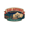 San Antonio luggage tag sticker featuring night skyline, Alamo building, and TEXAS banner
