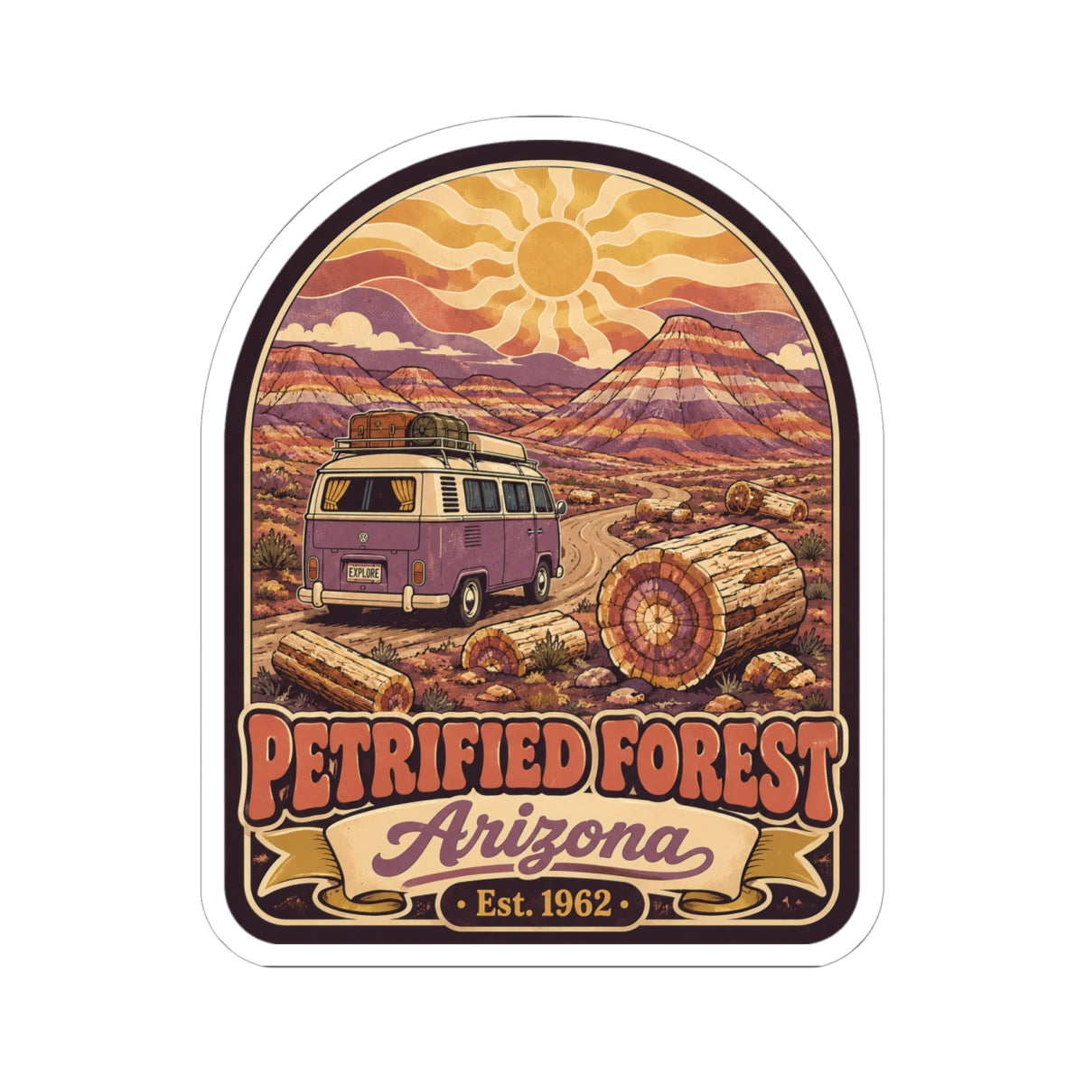 Desert landscape camper van sticker with sun and log rolls, 'Petrified Forest Arizona Est. 1962' text.