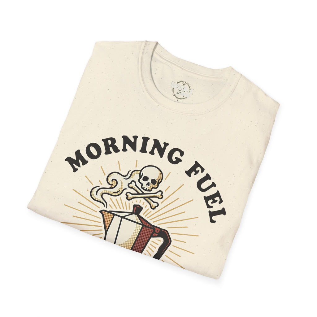 Natural Morning Fuel T-shirt with skull-and-coffee pot graphic