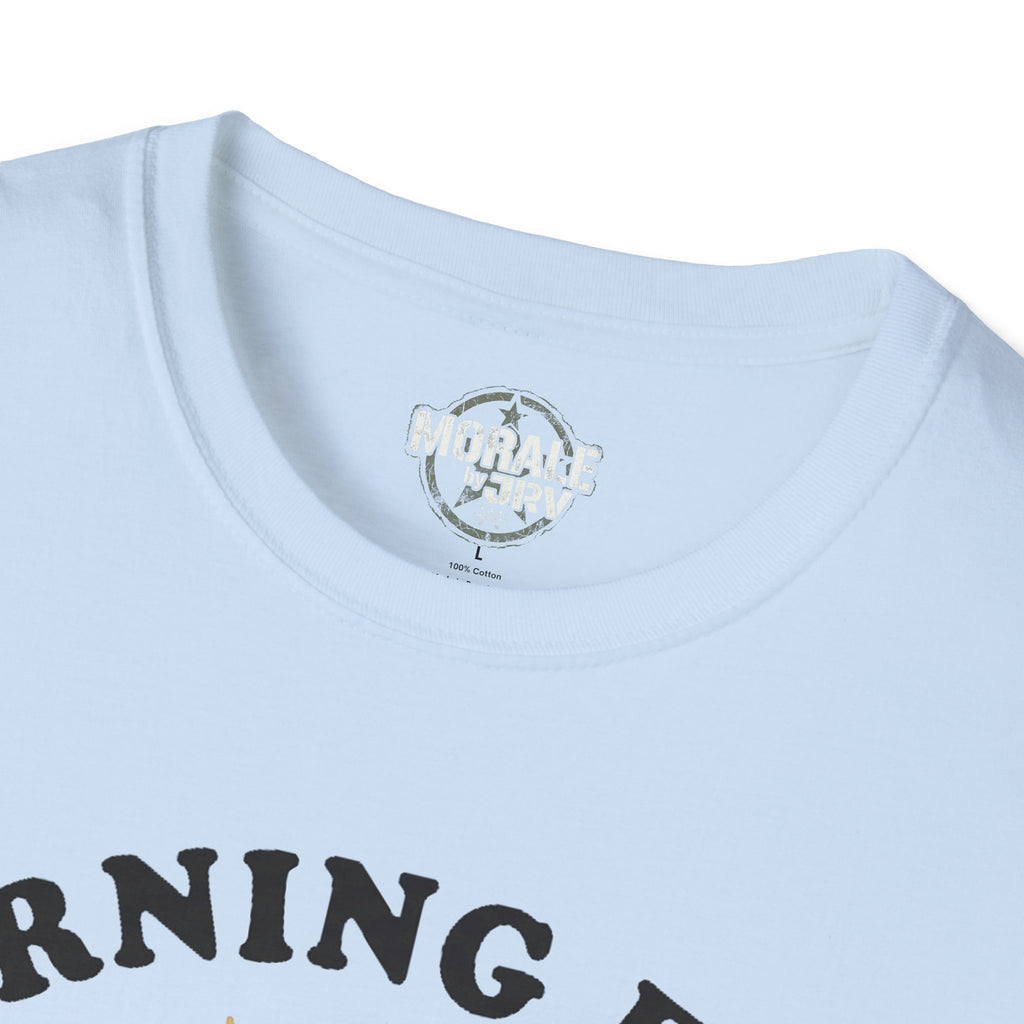Light blue T-shirt with crew neck and small MORALE by JRV logo