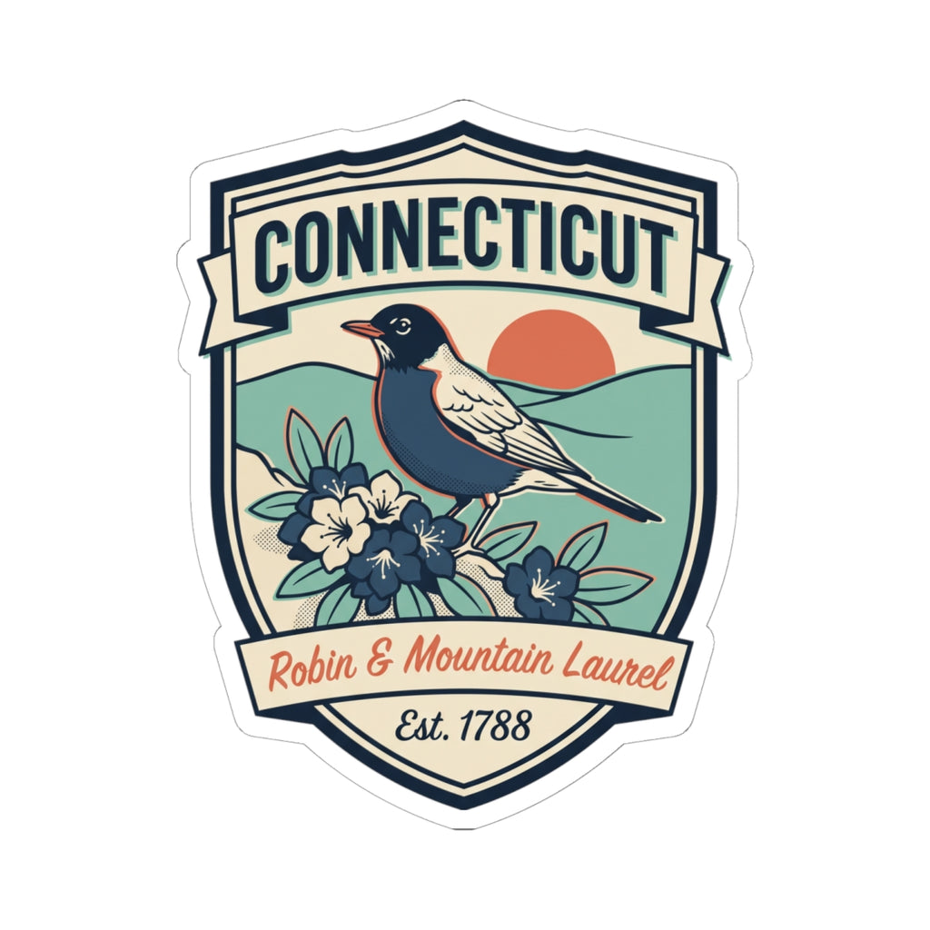 Connecticut shield decal sticker with robin, mountain laurel blooms, and banner text.