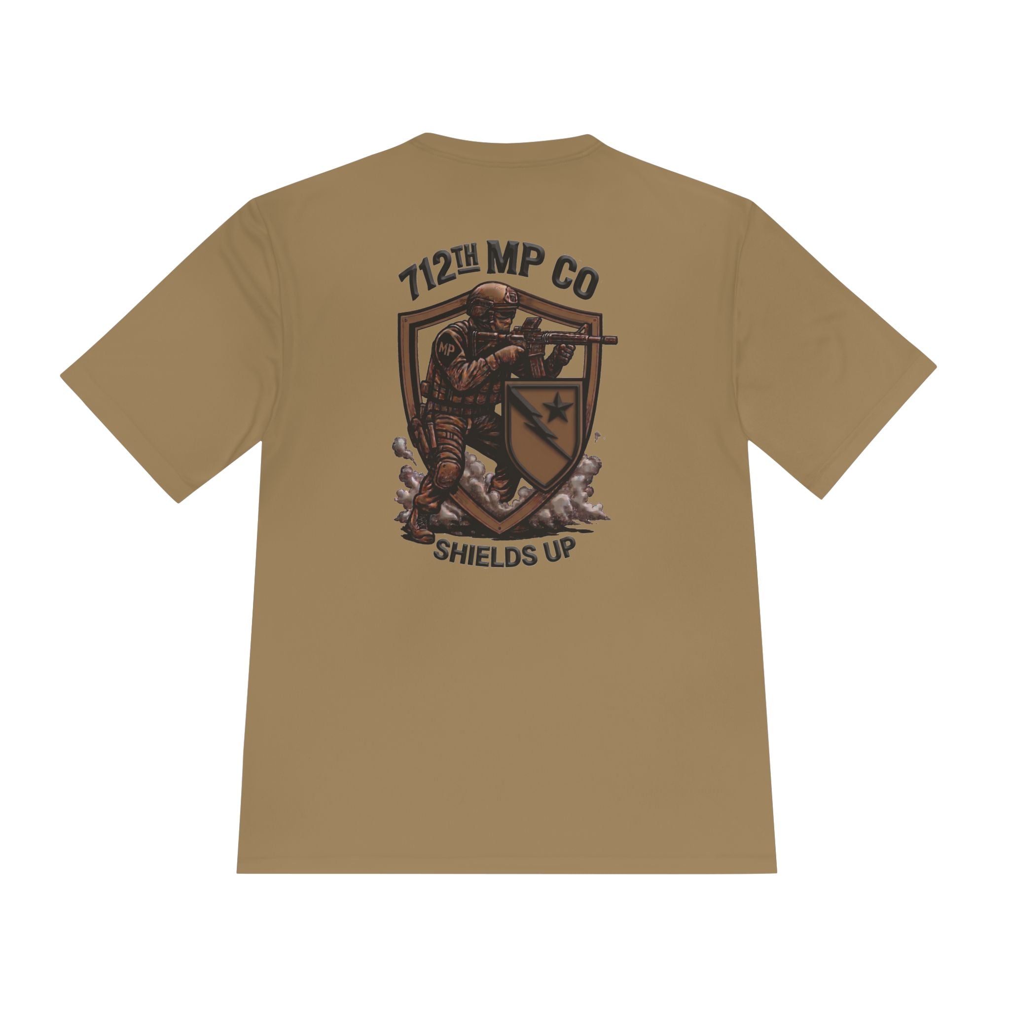Coyote brown tactical T-shirt with large back graphic and Shields Up text