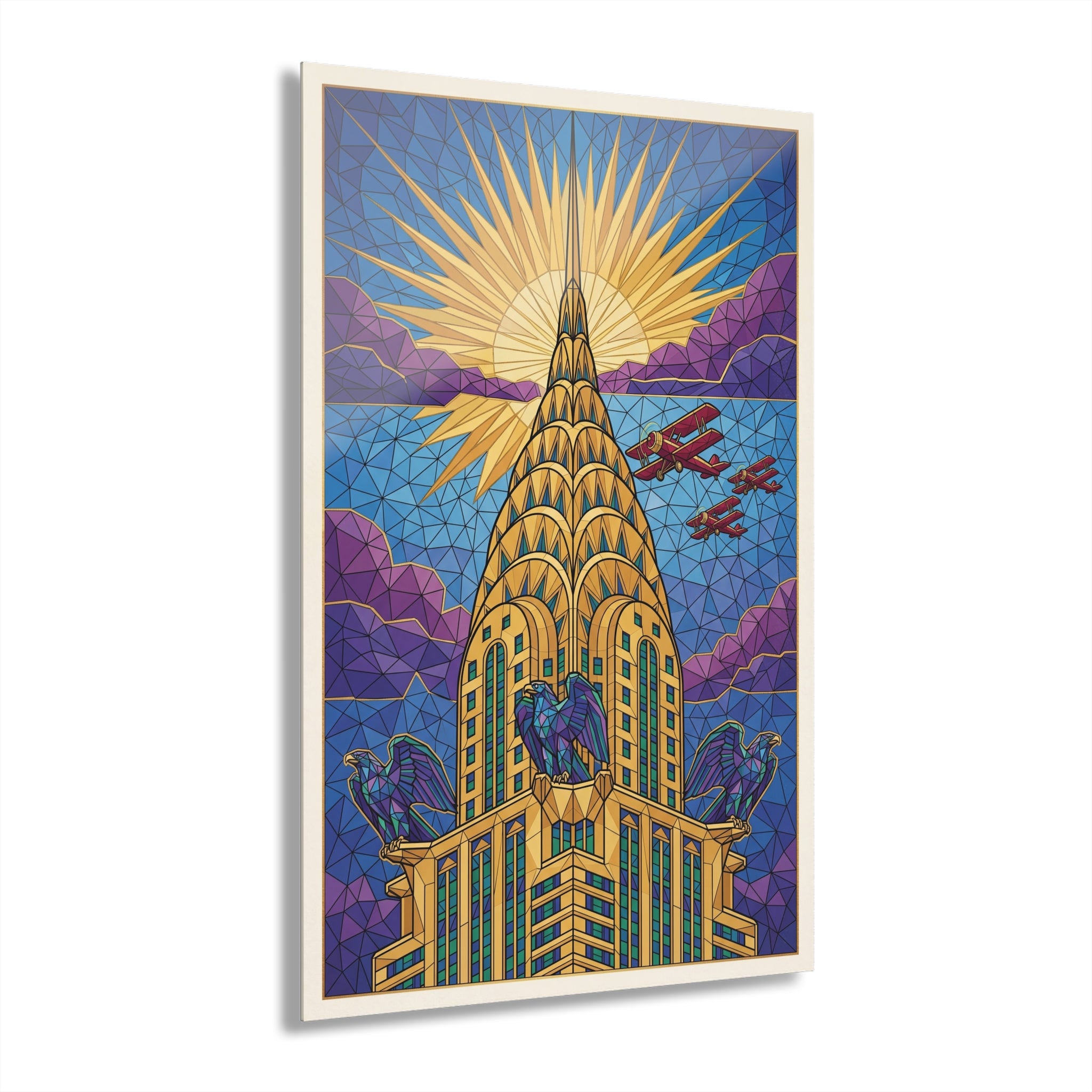 Art Deco Chrysler Building acrylic print, stained-glass colors, sun rays and red aircraft
