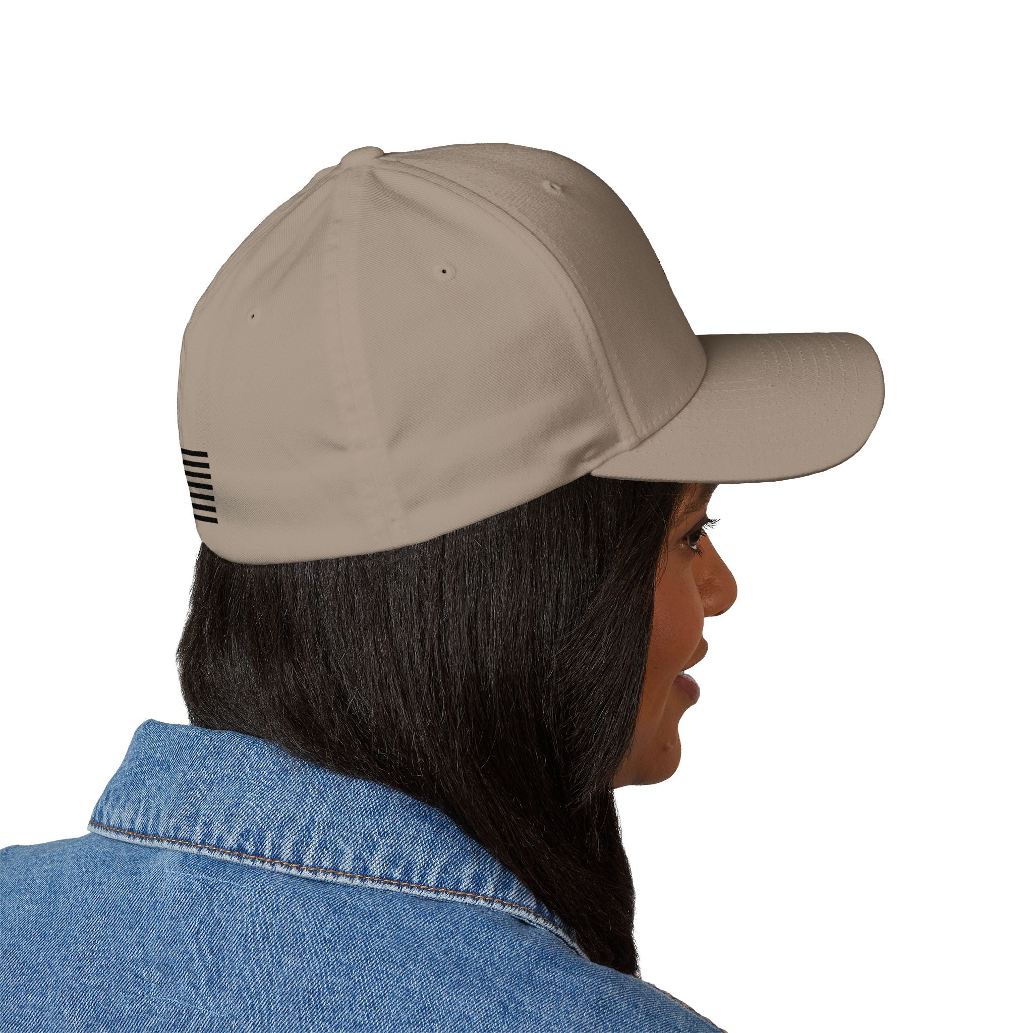 Khaki baseball cap with black side-striped patch