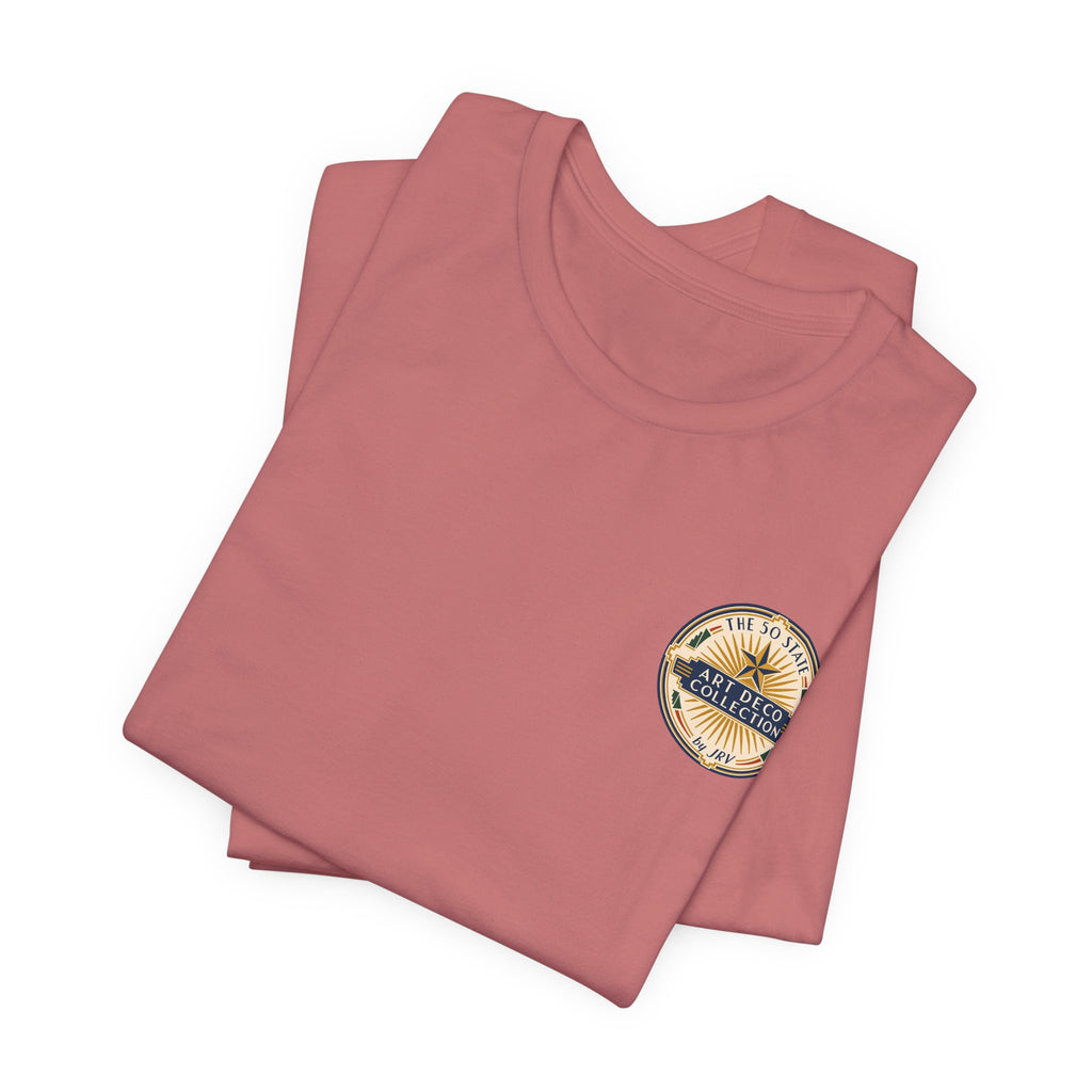 Mauve folded T-shirts with small circular logo on left chest, crew neck, short sleeves