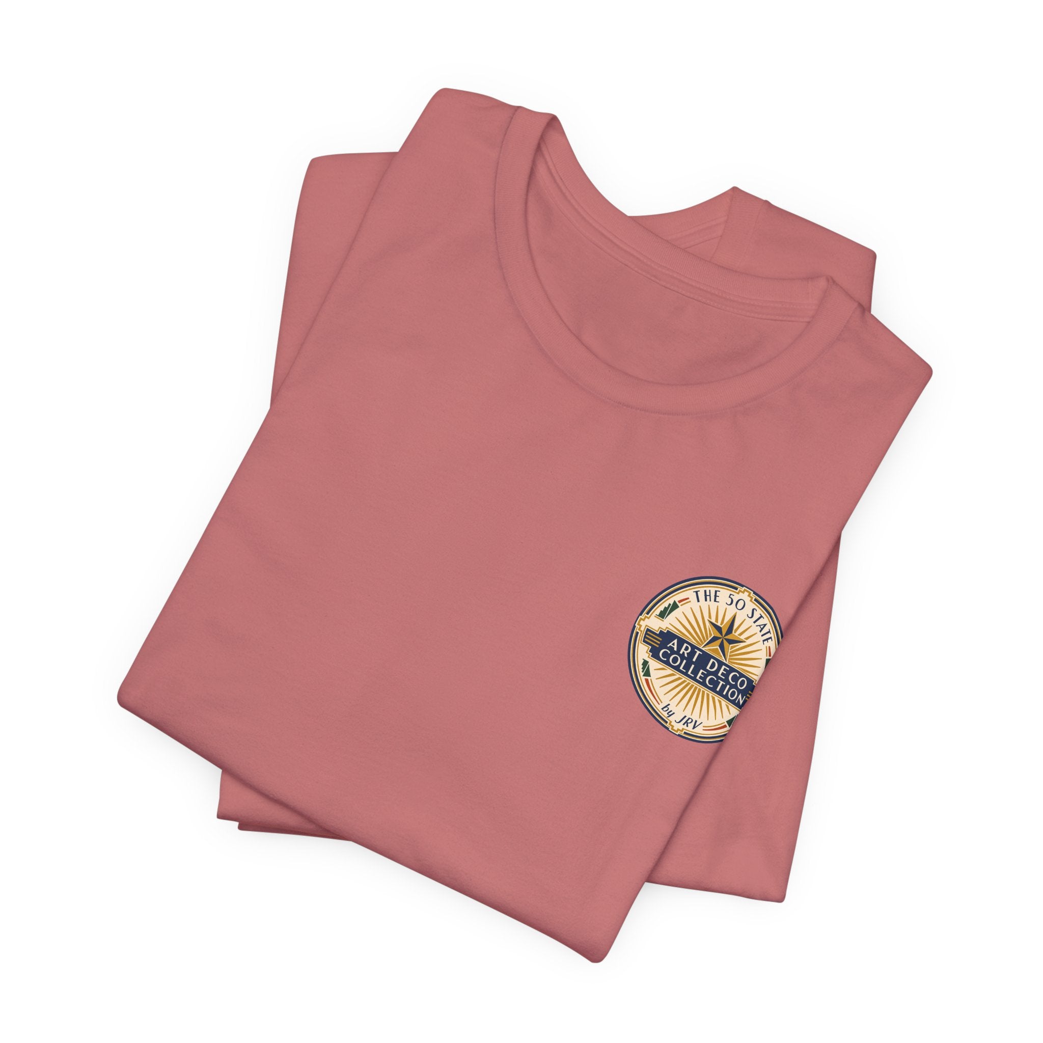 Mauve folded T-shirts with small circular logo on left chest, crew neck, short sleeves