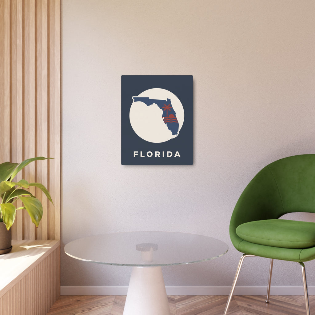 Blue Florida metal art sign on wall, white circle with Florida silhouette and 'FLORIDA'