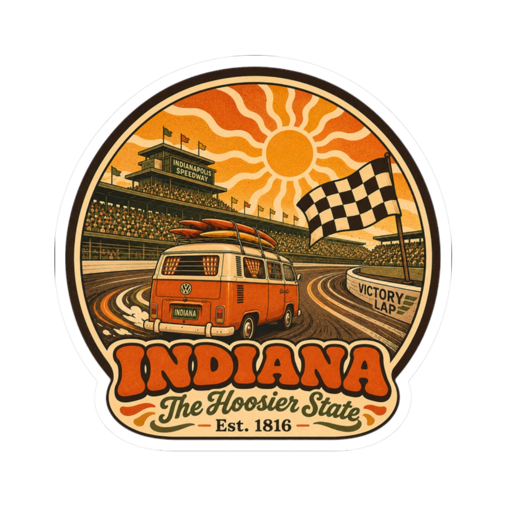 Circular decal featuring orange racing van, track curves, checkered flag, and Hoosier State
