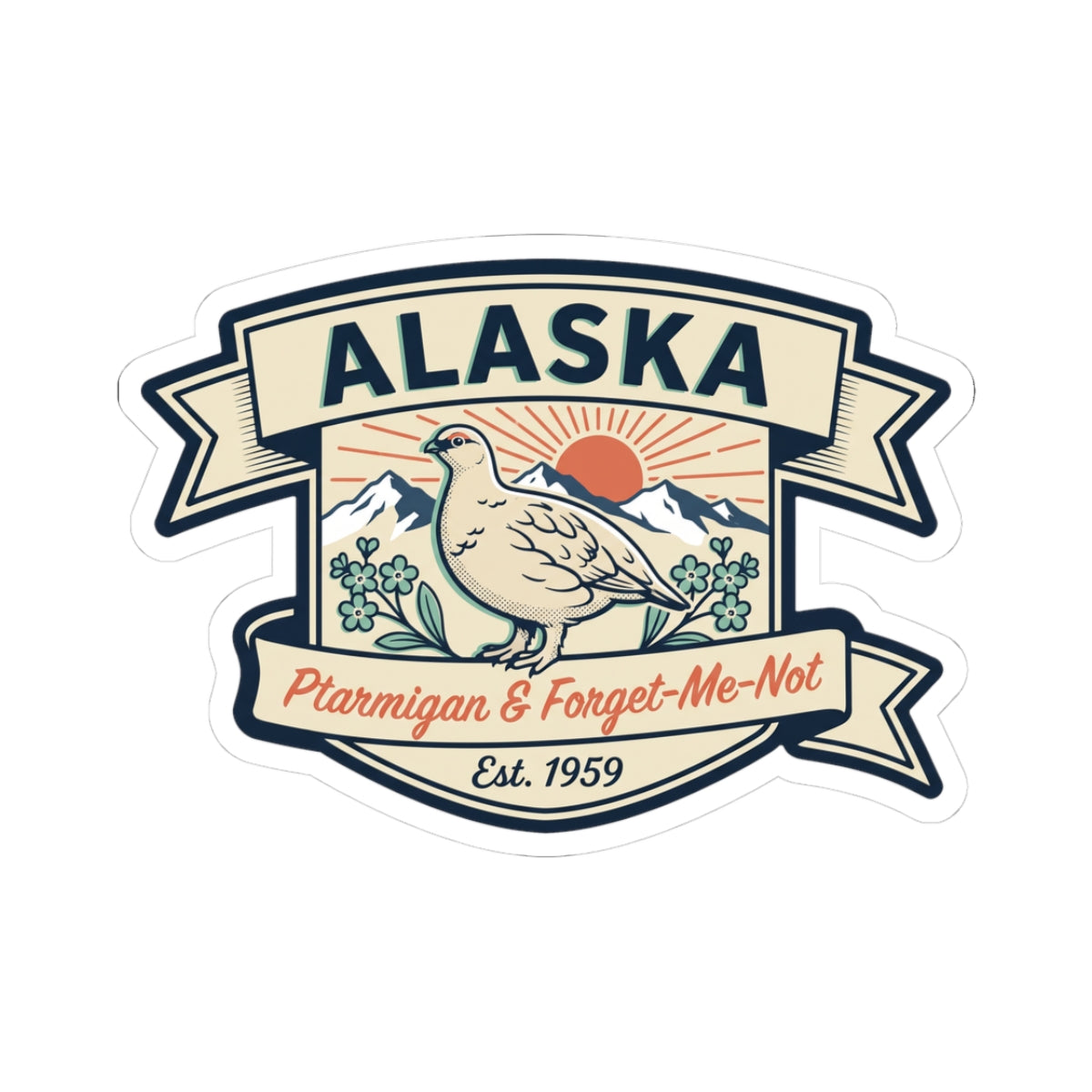 Die-cut Alaska badge sticker with ptarmigan bird, flowers, and Est. 1959 text