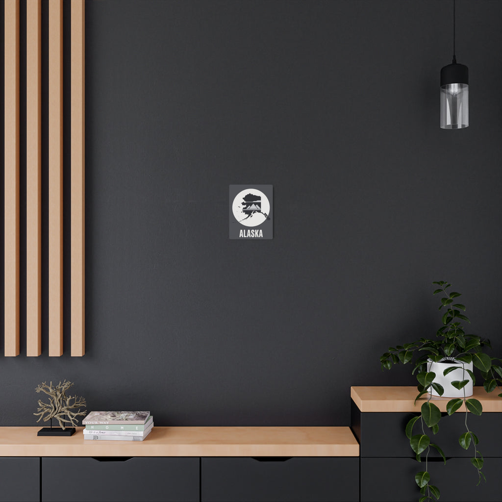 Small Alaska metal wall sign with circular map-and-mountains graphic and ALASKA text