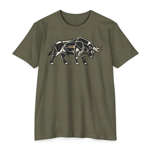 Olive green T-shirt with geometric charging bull graphic, crew neck, short sleeves